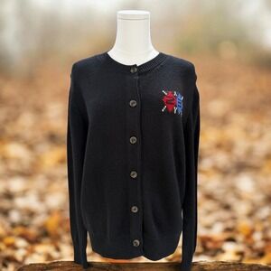 Cozy Cottagecore Wool Blend Embroidered Button Cardigan‎ Sweater Black NWT